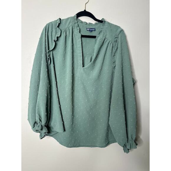 Democracy Blouse Plus 2X Sage Green Swiss Dot Ruffle Sleeve Romantic Cottagecore - Picture 1 of 8